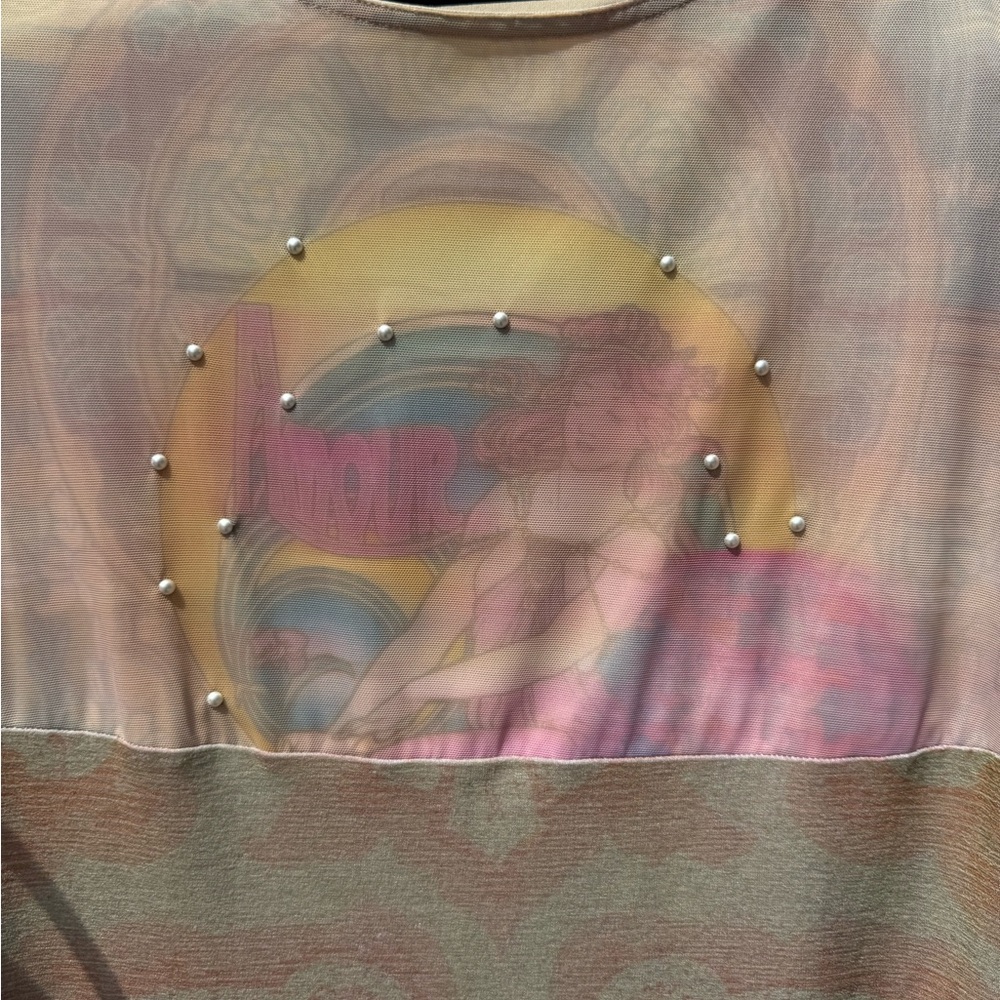 Vintage Style Graphic Top with Pearl Accents